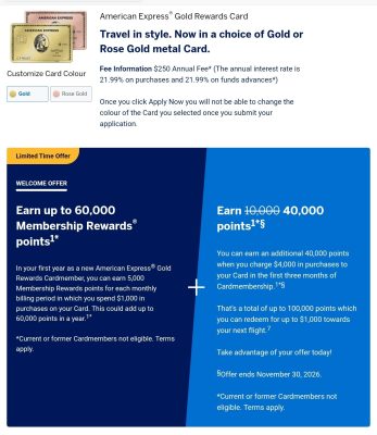 Amex Gold 迎新：Referral 限定高達 100,000 Membership Rewards 分，2026 年 11 月 30 日截止